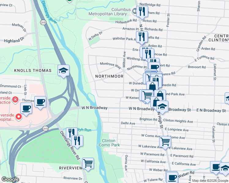 map of restaurants, bars, coffee shops, grocery stores, and more near 199 West Orchard Lane in Columbus