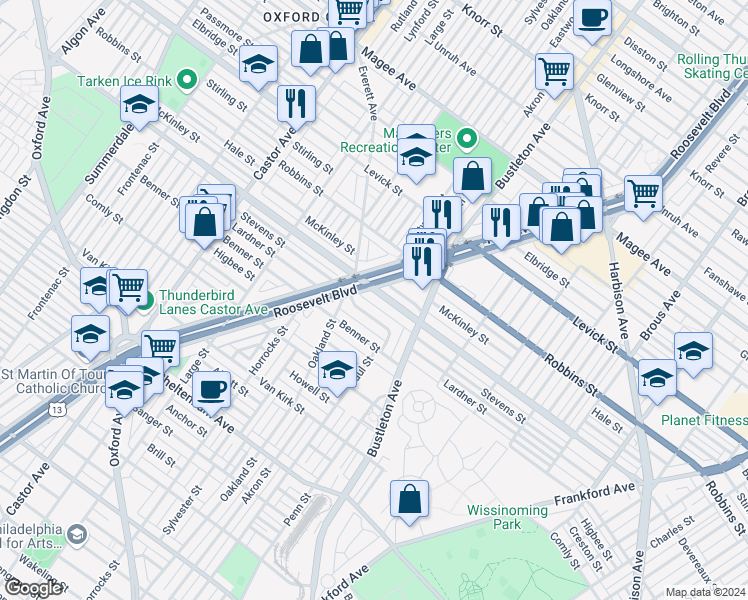 map of restaurants, bars, coffee shops, grocery stores, and more near 1908 Devereaux Avenue in Philadelphia