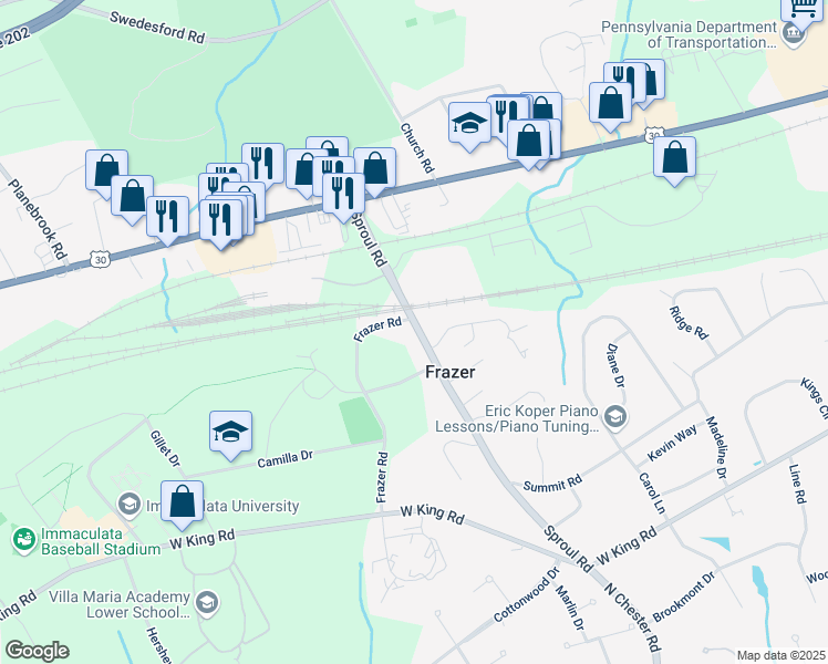 map of restaurants, bars, coffee shops, grocery stores, and more near 64 Sproul Road in Malvern