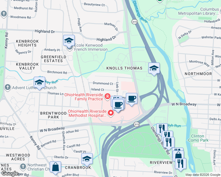 map of restaurants, bars, coffee shops, grocery stores, and more near 704 Island Ct in Columbus