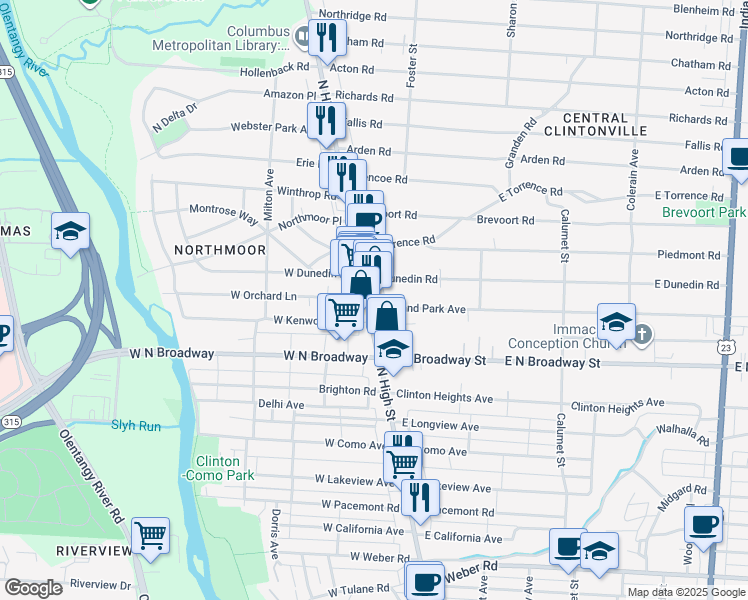 map of restaurants, bars, coffee shops, grocery stores, and more near 3502 North High Street in Columbus