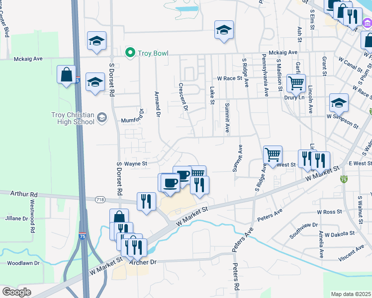 map of restaurants, bars, coffee shops, grocery stores, and more near 1306 Paul Revere Way in Troy