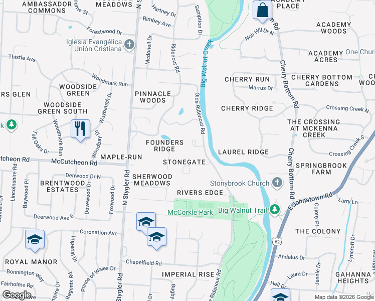 map of restaurants, bars, coffee shops, grocery stores, and more near 211 Founders Court in Columbus