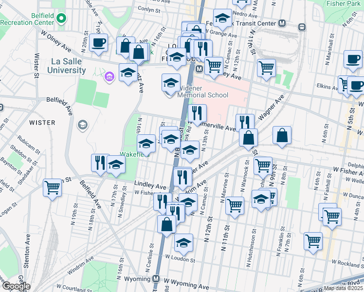 map of restaurants, bars, coffee shops, grocery stores, and more near 5219 North Broad Street in Philadelphia