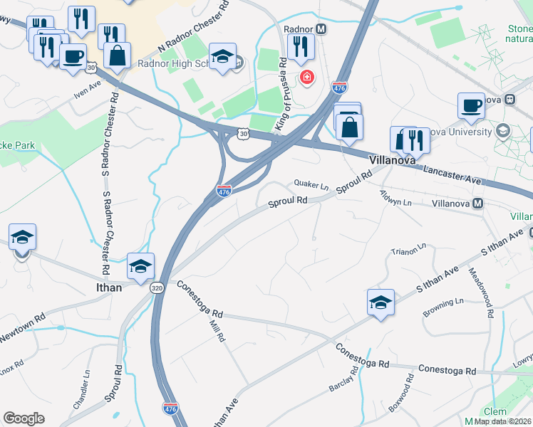 map of restaurants, bars, coffee shops, grocery stores, and more near 141 Sproul Road in Villanova