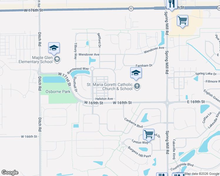 map of restaurants, bars, coffee shops, grocery stores, and more near 17003 Stroud Lane in Westfield