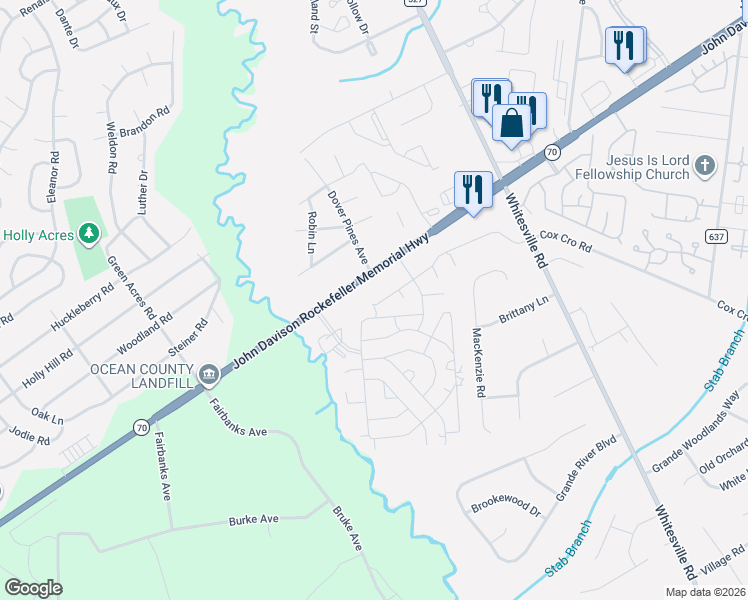 map of restaurants, bars, coffee shops, grocery stores, and more near 1 Warner Way in Toms River