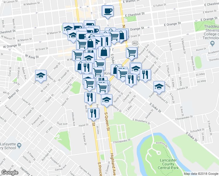 map of restaurants, bars, coffee shops, grocery stores, and more near 514 Howard Avenue in Lancaster