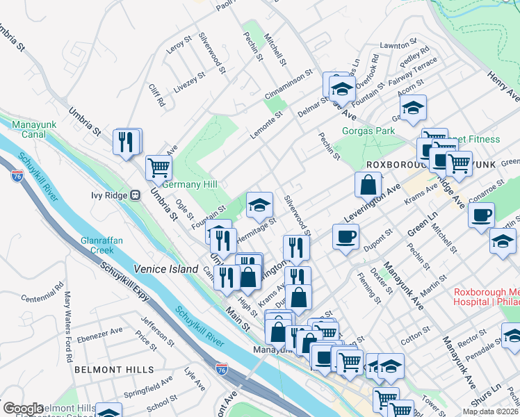 map of restaurants, bars, coffee shops, grocery stores, and more near 4717 Fowler Street in Philadelphia
