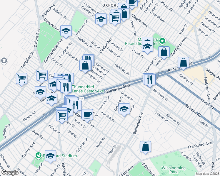 map of restaurants, bars, coffee shops, grocery stores, and more near 6117 Roosevelt Boulevard in Philadelphia