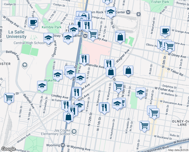 map of restaurants, bars, coffee shops, grocery stores, and more near 1207 W Fisher Ave in Philadelphia