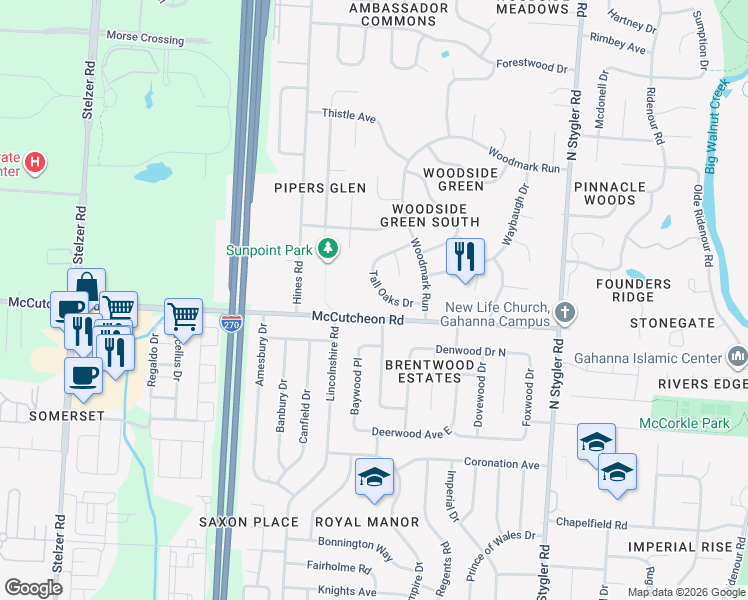 map of restaurants, bars, coffee shops, grocery stores, and more near 3636 McCutcheon Road in Columbus