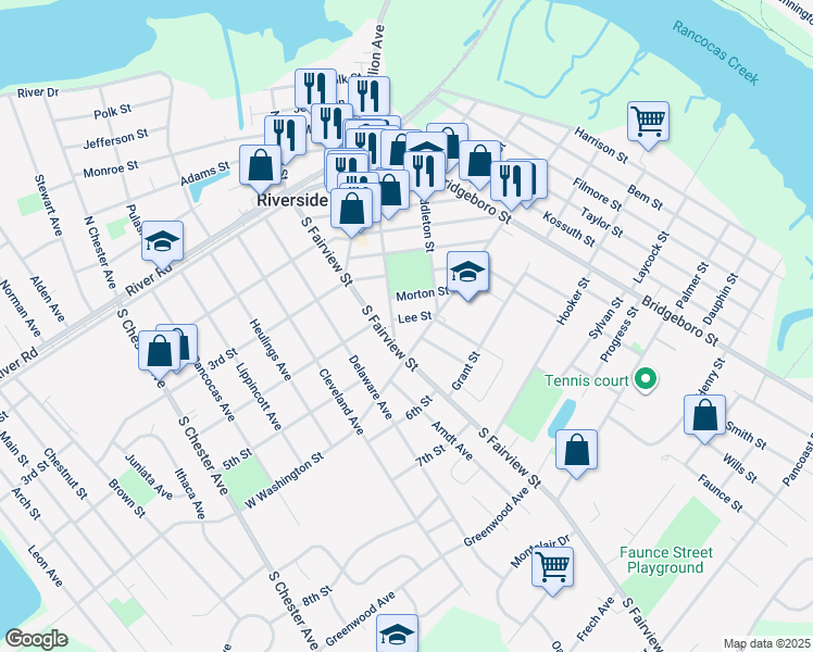 map of restaurants, bars, coffee shops, grocery stores, and more near 36 Lee Street in Riverside