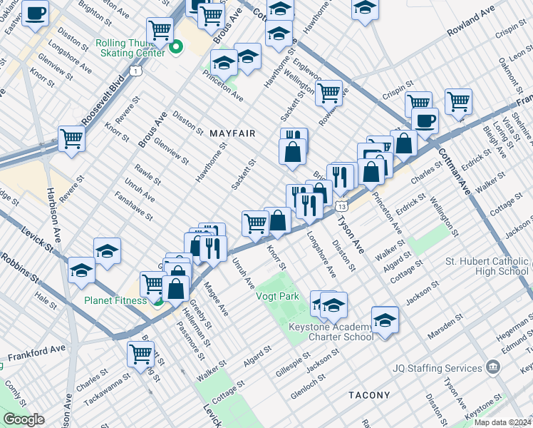 map of restaurants, bars, coffee shops, grocery stores, and more near 3311 Glenview Street in Philadelphia