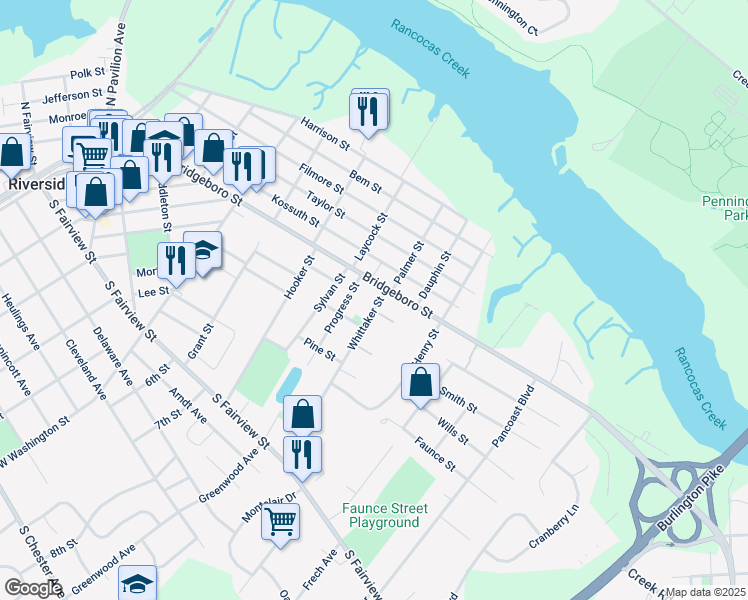 map of restaurants, bars, coffee shops, grocery stores, and more near 327 Whittaker Street in Riverside