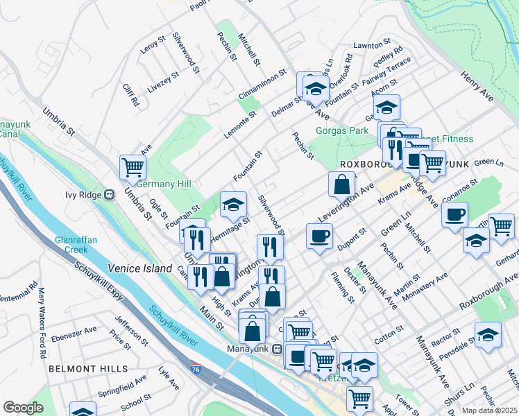 map of restaurants, bars, coffee shops, grocery stores, and more near 290 Hermitage Street in Philadelphia
