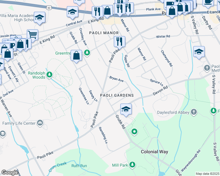 map of restaurants, bars, coffee shops, grocery stores, and more near 10 Queens Avenue in Malvern