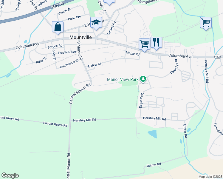 map of restaurants, bars, coffee shops, grocery stores, and more near 39 Wynwood Dr in Mountville