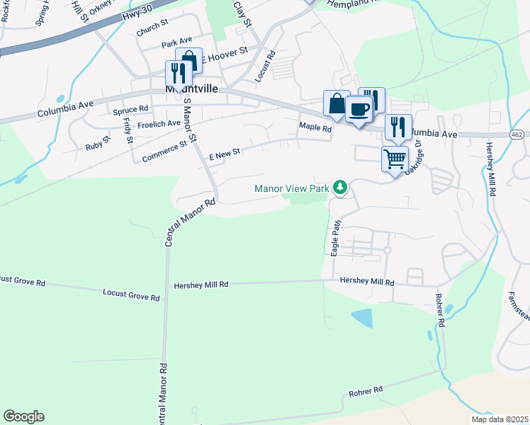 map of restaurants, bars, coffee shops, grocery stores, and more near 39 Wynwood Dr in Mountville