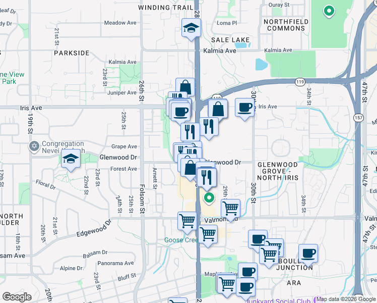 map of restaurants, bars, coffee shops, grocery stores, and more near 3235 28th Street in Boulder