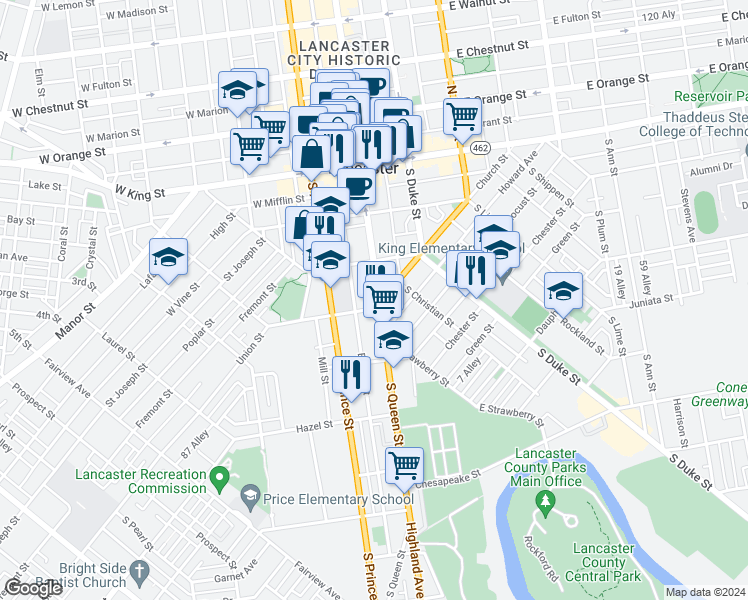 map of restaurants, bars, coffee shops, grocery stores, and more near 242 South Queen Street in Lancaster