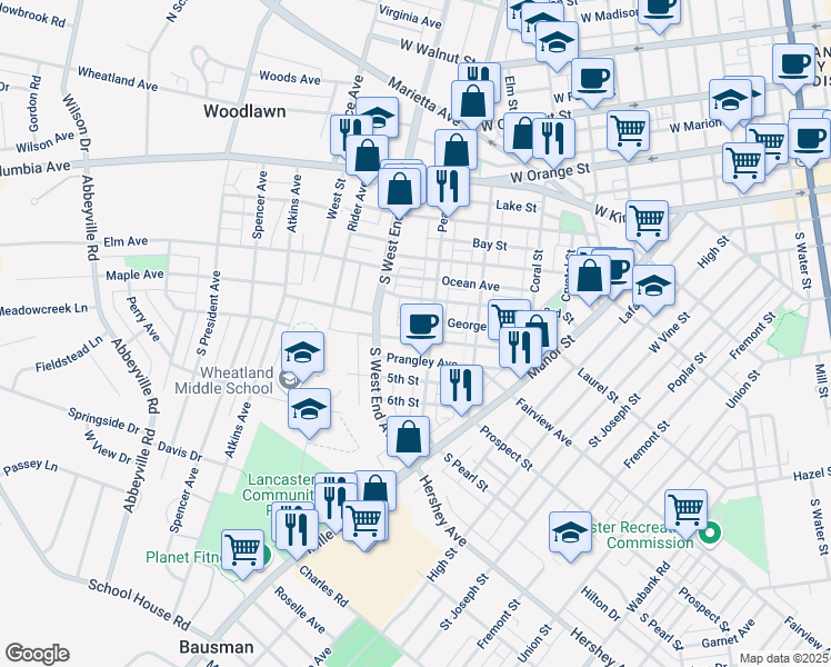 map of restaurants, bars, coffee shops, grocery stores, and more near 825 4th Street in Lancaster