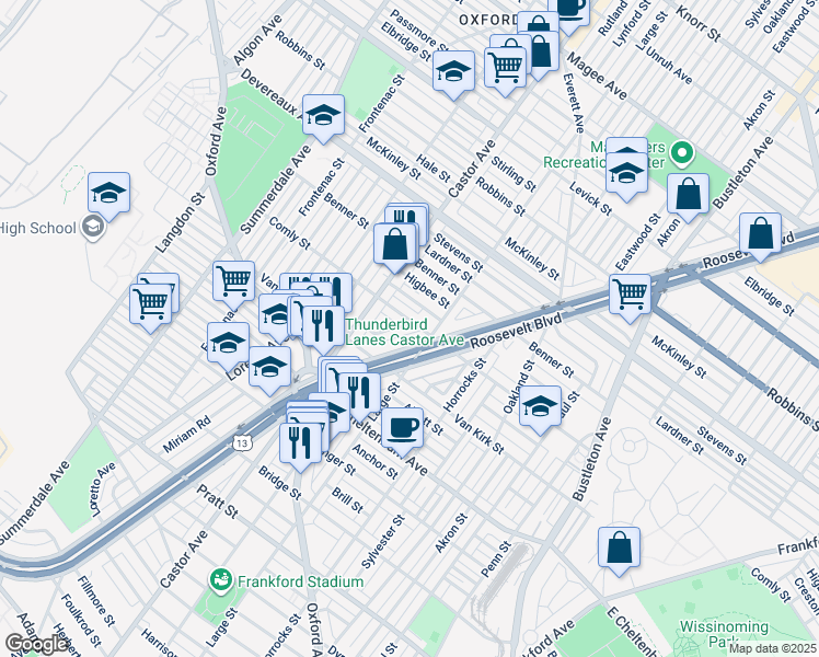 map of restaurants, bars, coffee shops, grocery stores, and more near 1438 East Comly Street in Philadelphia