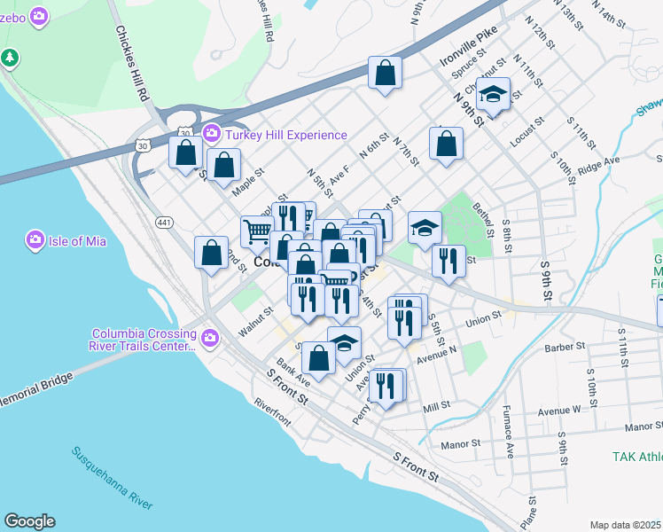 map of restaurants, bars, coffee shops, grocery stores, and more near 23 North 4th Street in Columbia