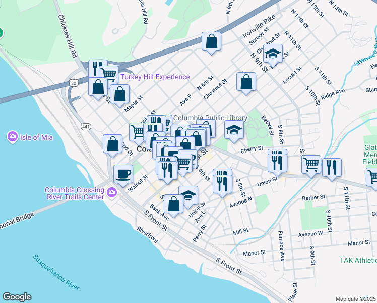 map of restaurants, bars, coffee shops, grocery stores, and more near 23 North 4th Street in Columbia