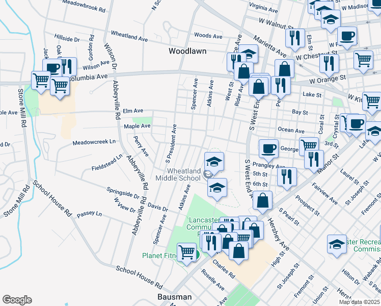 map of restaurants, bars, coffee shops, grocery stores, and more near 305 Spencer Avenue in Lancaster