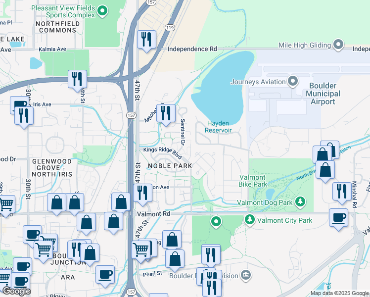map of restaurants, bars, coffee shops, grocery stores, and more near 4855 Kings Ridge Boulevard in Boulder