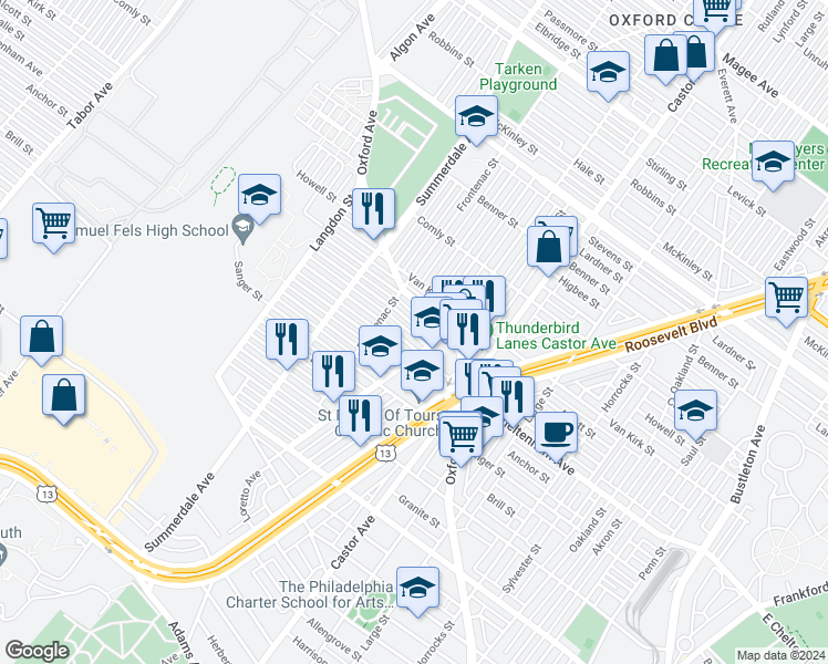 map of restaurants, bars, coffee shops, grocery stores, and more near 1244 Alcott Street in Philadelphia