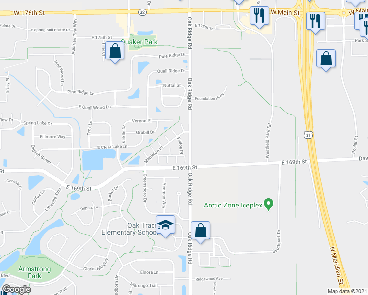 map of restaurants, bars, coffee shops, grocery stores, and more near 16957 Fulton Place in Westfield