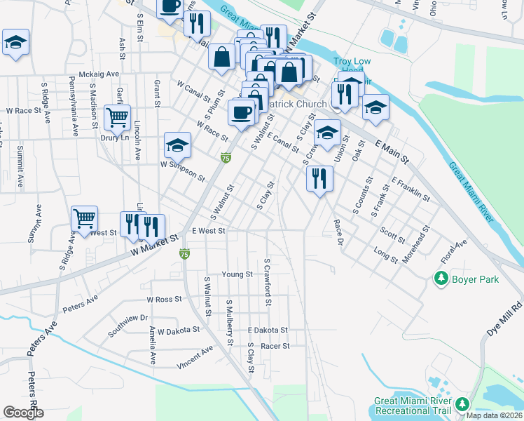 map of restaurants, bars, coffee shops, grocery stores, and more near 435 South Clay Street in Troy