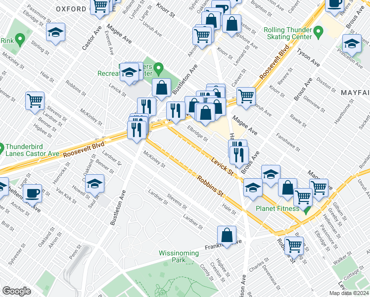 map of restaurants, bars, coffee shops, grocery stores, and more near 6336 Calvert Street in Philadelphia