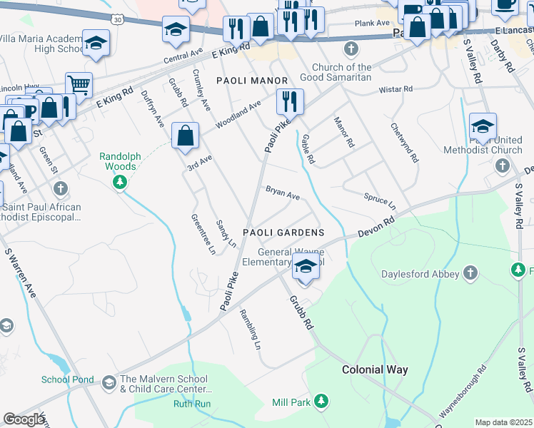 map of restaurants, bars, coffee shops, grocery stores, and more near 10 Queens Avenue in Malvern