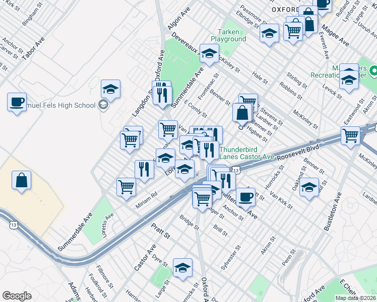 map of restaurants, bars, coffee shops, grocery stores, and more near 5800 Oxford Avenue in Philadelphia