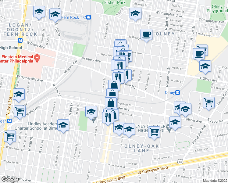 map of restaurants, bars, coffee shops, grocery stores, and more near 5400 North 5th Street in Philadelphia