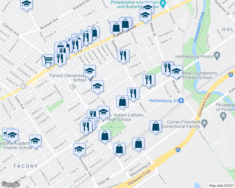 map of restaurants, bars, coffee shops, grocery stores, and more near 4531 Vista Street in Philadelphia