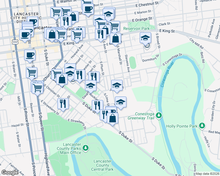 map of restaurants, bars, coffee shops, grocery stores, and more near 749 South Plum Street in Lancaster