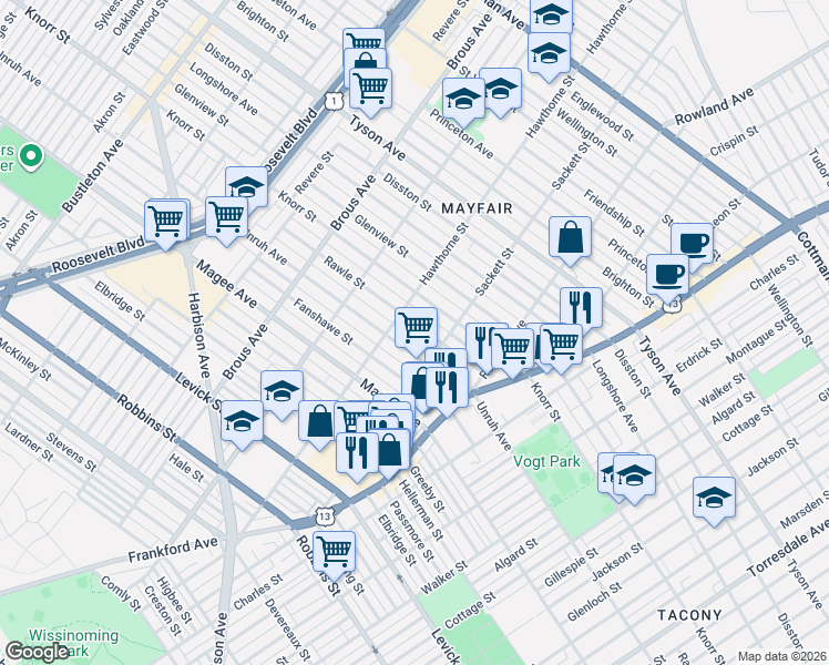 map of restaurants, bars, coffee shops, grocery stores, and more near 3124 Rawle Street in Philadelphia