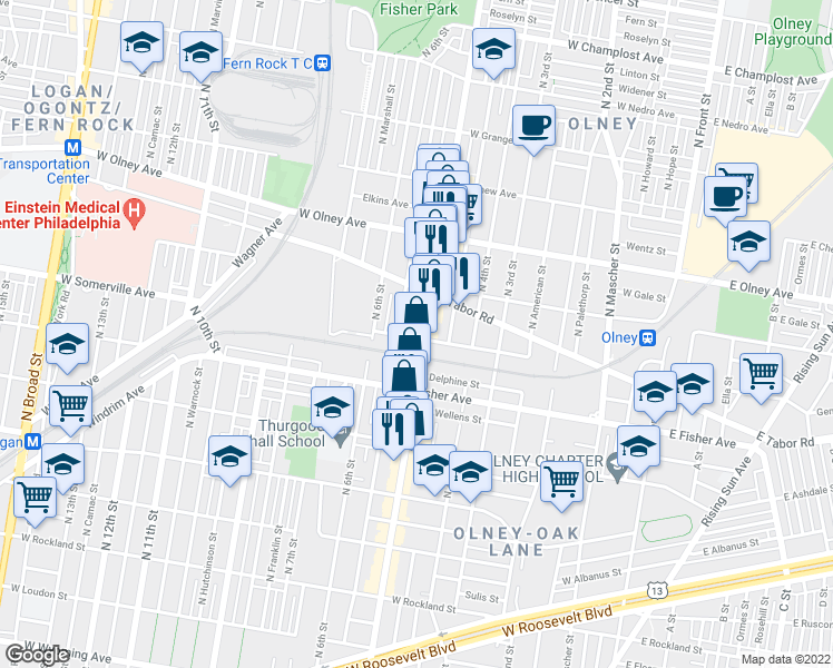 map of restaurants, bars, coffee shops, grocery stores, and more near 5400 North 5th Street in Philadelphia