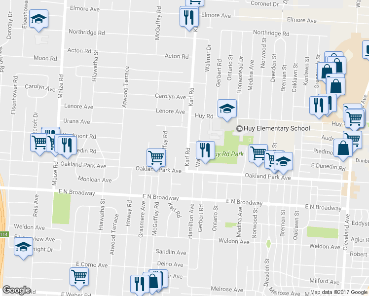 map of restaurants, bars, coffee shops, grocery stores, and more near 3291 Karl Road in Columbus