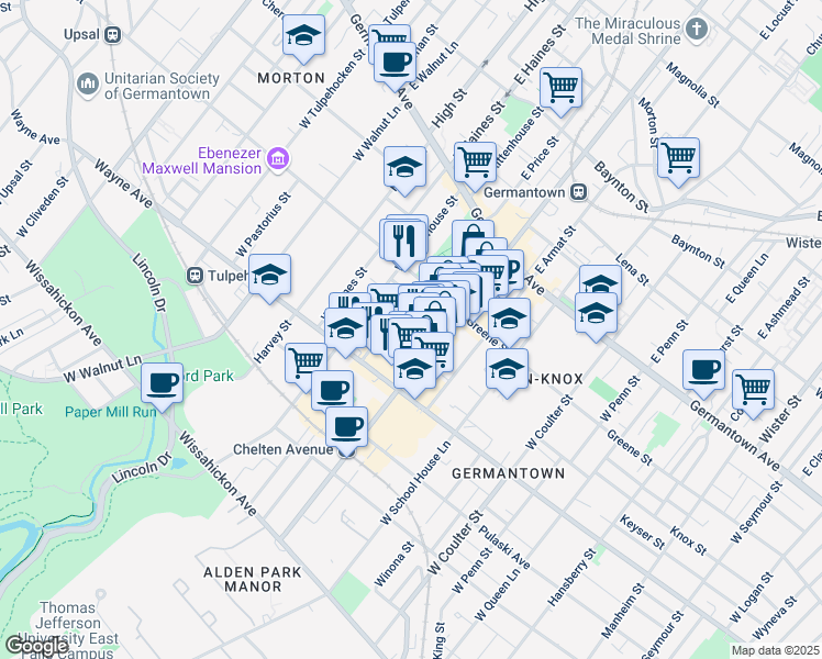 map of restaurants, bars, coffee shops, grocery stores, and more near 5729 Knox St in Philadelphia