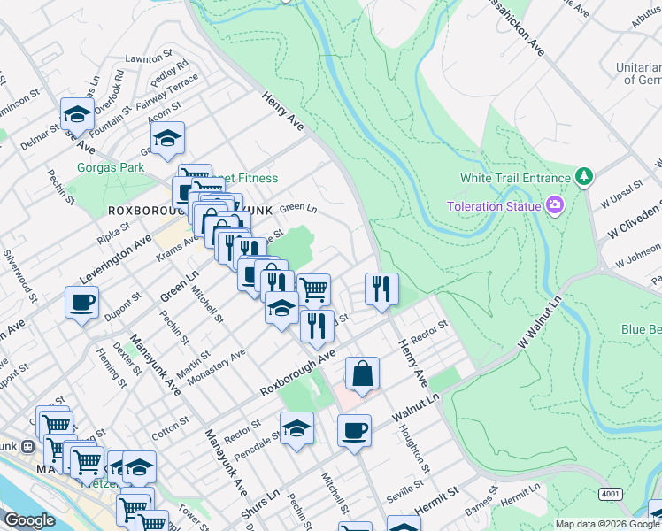 map of restaurants, bars, coffee shops, grocery stores, and more near 588 Monastery Avenue in Philadelphia