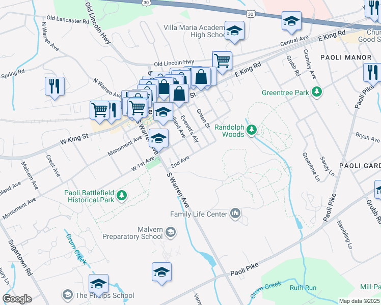 map of restaurants, bars, coffee shops, grocery stores, and more near 234 Woodland Avenue in Malvern