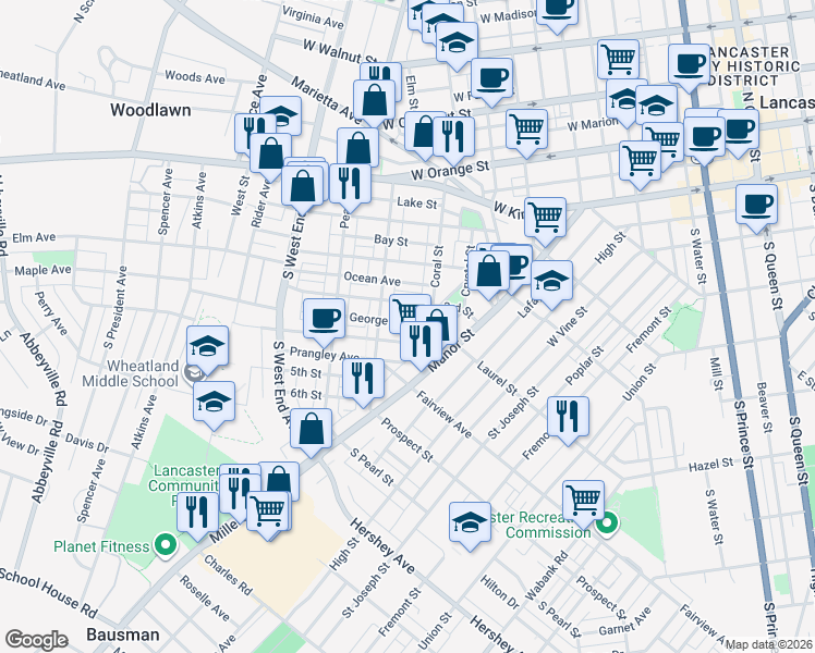 map of restaurants, bars, coffee shops, grocery stores, and more near 638 George Street in Lancaster