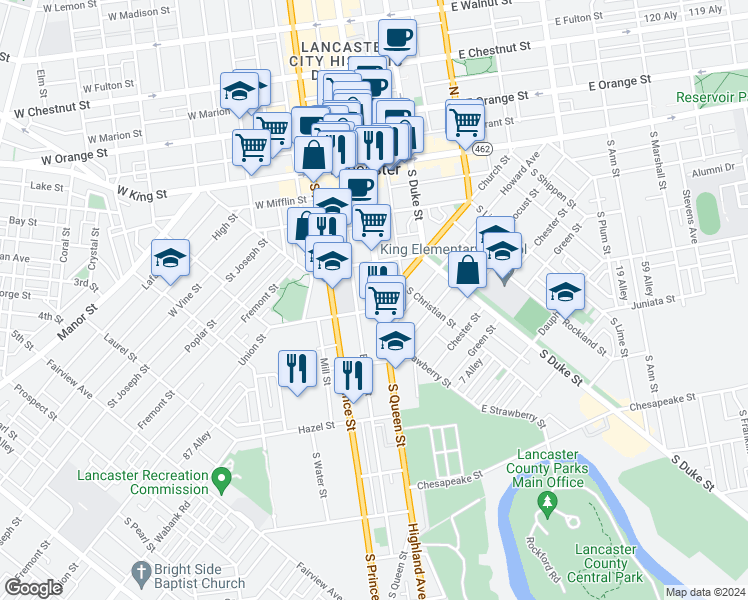 map of restaurants, bars, coffee shops, grocery stores, and more near 240 South Queen Street in Lancaster