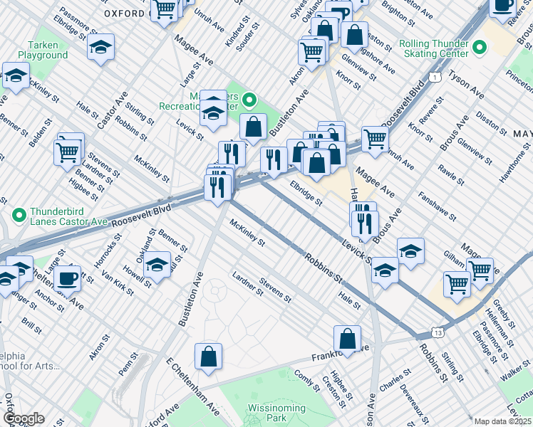 map of restaurants, bars, coffee shops, grocery stores, and more near 6316 Leonard Street in Philadelphia