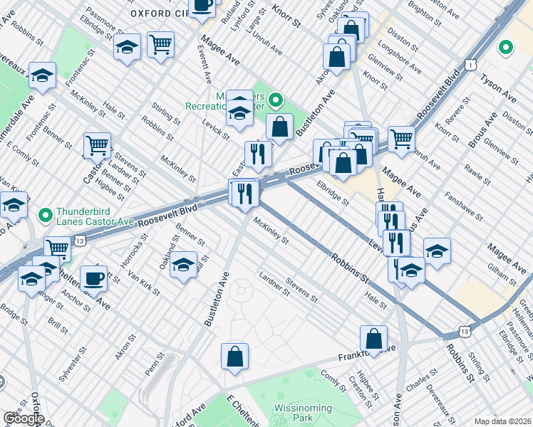 map of restaurants, bars, coffee shops, grocery stores, and more near 2024 Robbins Street in Philadelphia